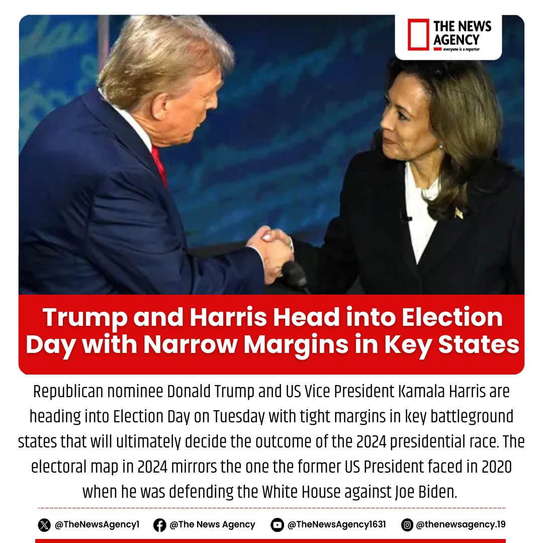 TheNewsAgency1's tweet photo. #2024Election #ElectionDay #TrumpVsHarris #PresidentialRace #BattlegroundStates #Vote2024 #ElectionUpdates #USPolitics #ElectionCountdown #KeyStates #Decision2024 #PoliticalShowdown #KamalaHarris #DonaldTrump #USPresidentialElections @DonaldTrump @KamalaHarris @HouseGOP @TheDemocrats