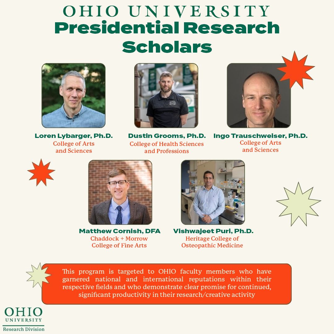 <a href="/ohiou/">Ohio University</a> has announced its 2024-25 Presidential Research Scholars, honoring five faculty members for their outstanding contributions in research and creative work. Recipients include Matthew Cornish, Dustin Grooms, Loren Lybarger, Vishwajeet Puri, and Ingo Trauschweiser.