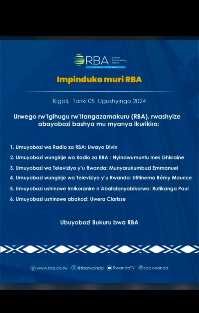 AFRI-MEDIA LTD (@afrimedia_rw) on Twitter photo Congratulations bayobozi bashya muri RBA. Mukomereze aho abababanjirije bari bagejeje. All the best in your new assignments Divin Uwayo <a href="/Inesghislaine/">Ines Ghislaine</a> <a href="/emmy_manou/">Emmanuel Munyarukumbuzi</a> <a href="/UfiteRemy/">UFITINEMA REMY MAURICE</a> <a href="/paul_rutikanga/">Paul Rutikanga</a> Clarisse Uwera Congratulations bayobozi bashya muri RBA. Mukomereze aho abababanjirije bari bagejeje. All the best in your new assignments Divin Uwayo <a href="/Inesghislaine/">Ines Ghislaine</a> <a href="/emmy_manou/">Emmanuel Munyarukumbuzi</a> <a href="/UfiteRemy/">UFITINEMA REMY MAURICE</a> <a href="/paul_rutikanga/">Paul Rutikanga</a> Clarisse Uwera