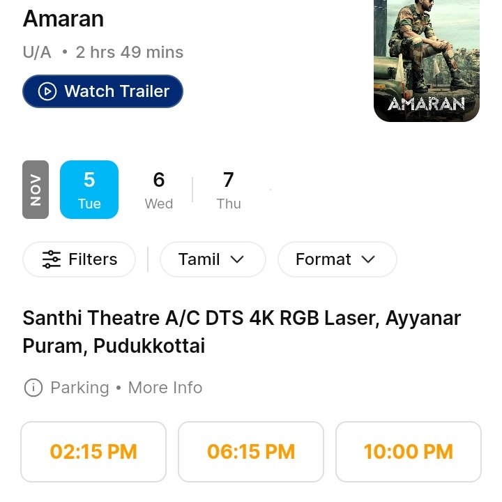 vijaycinemas's tweet photo. Despite of working day, #Amaran goes back to back HOUSEFUL shows 🔴 at #ShanthiTheatre Pudukkottai.
#AmaranDiwali @Siva_Kartikeyan #Sivakarthikeyan @Sai_Pallavi92 https://t.co/wprQSyHILW