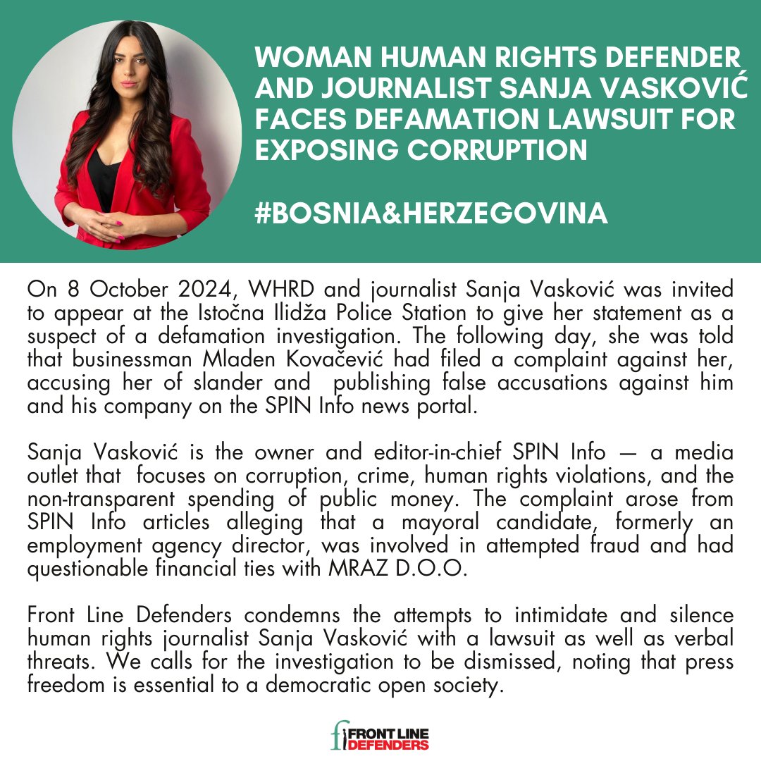 🚨 #BosniaAndHerzegovina 

Front Line  Defenders condemns the defamation lawsuit launched against WHRD and  journalist Sanja Vasković — this is intimidation and an attempt to target her solely for her human rights work exposing corruption in the  country. 

Full case