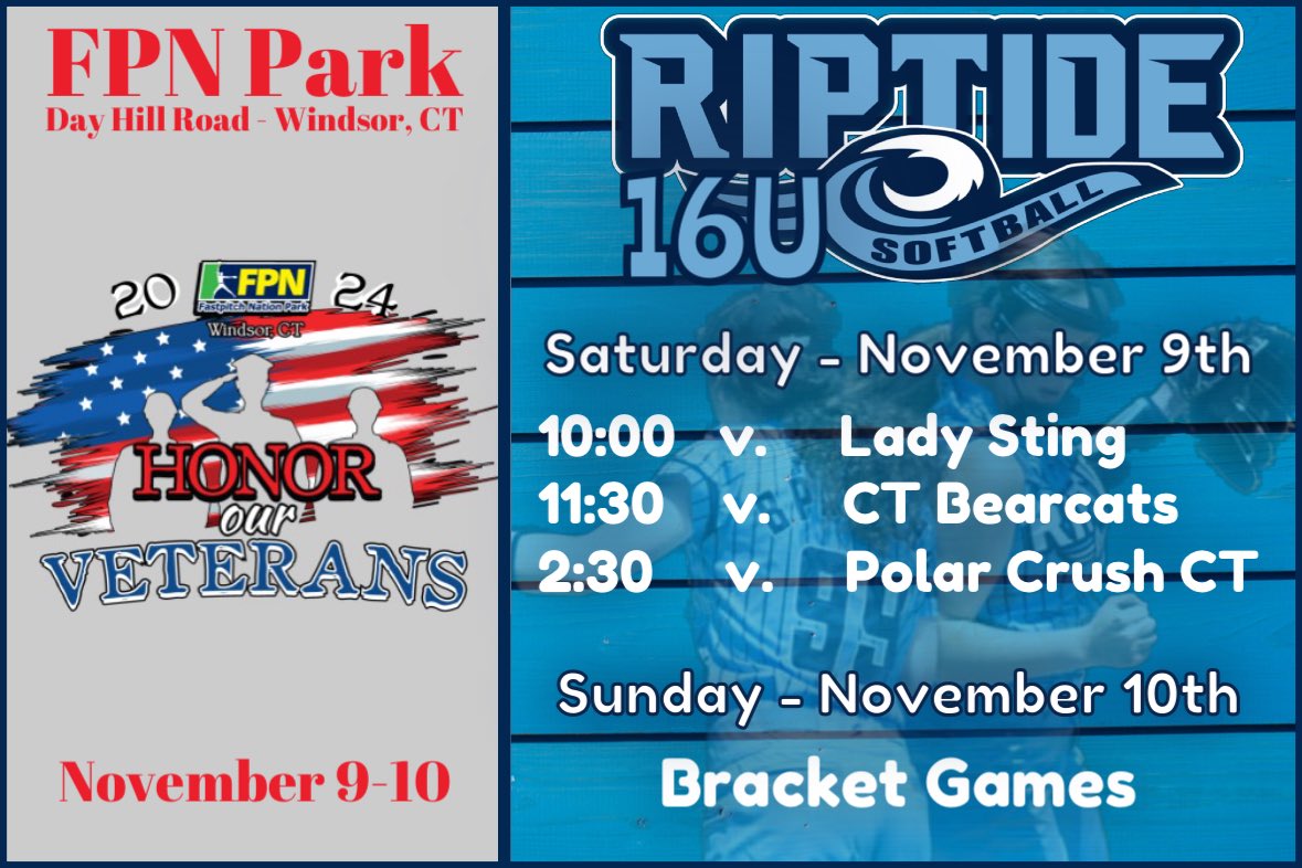 NHRiptide's tweet photo. 📢🚨🌊🥎🌊🚨📢
Can’t wait to get back at it this weekend as we wrap up our fall season in CT. 

📍Windsor, CT @playfpnct 
👀 https://t.co/4WUrXgXeen
📆👇

#LetsGo #RollRiptide #VeteransDay 
#fastpitch #softball https://t.co/TyfHcz1uyI