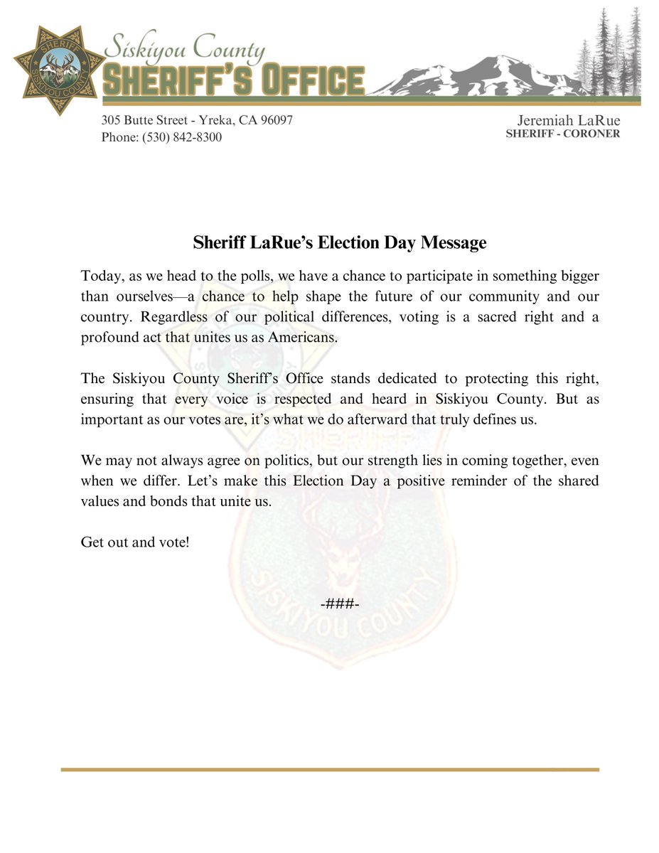 #SiskiyouCounty #SiskiyouSheriff #ElectionDay #UnityStartsWithUs