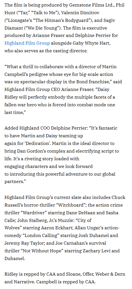 Variety article on Queen Daisy Ridley new lead action-thriller 'Dedication' film with director Martin Campbell who she previously worked together  on her upcoming film ''Cleaner' #DaisyRidley #Dedication #Cleaner