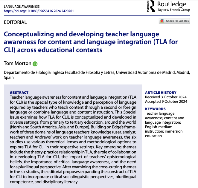 LanguageAwaren1's tweet photo. This editorial explores #TeacherLanguageAwareness for #ContentLanguageIntegration with studies from North/South America, Asia, and Europe. Highlights include theory-practice links, collaborative development, and integrating critical, plurilingual perspectives in TLA. Abs.=Spanish https://t.co/unRrvgvOMj