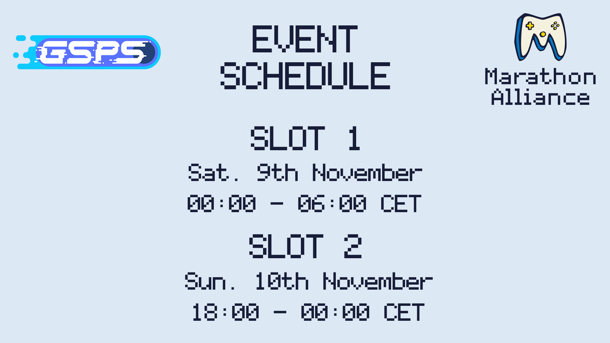 GramyPomagamy's tweet photo. GSPS' slots during Marathon Alliance will bring you nostalgic classics and skill-intensive speedruns! 🎮

Join us at https://t.co/YC14SL0MG9 to catch all the action at these times:

1️⃣ Saturday, 9th November - Starting at 00:00 CET
2️⃣ Sunday, 10th November - Starting at 18:00 CET https://t.co/8t4PvVFrDR
