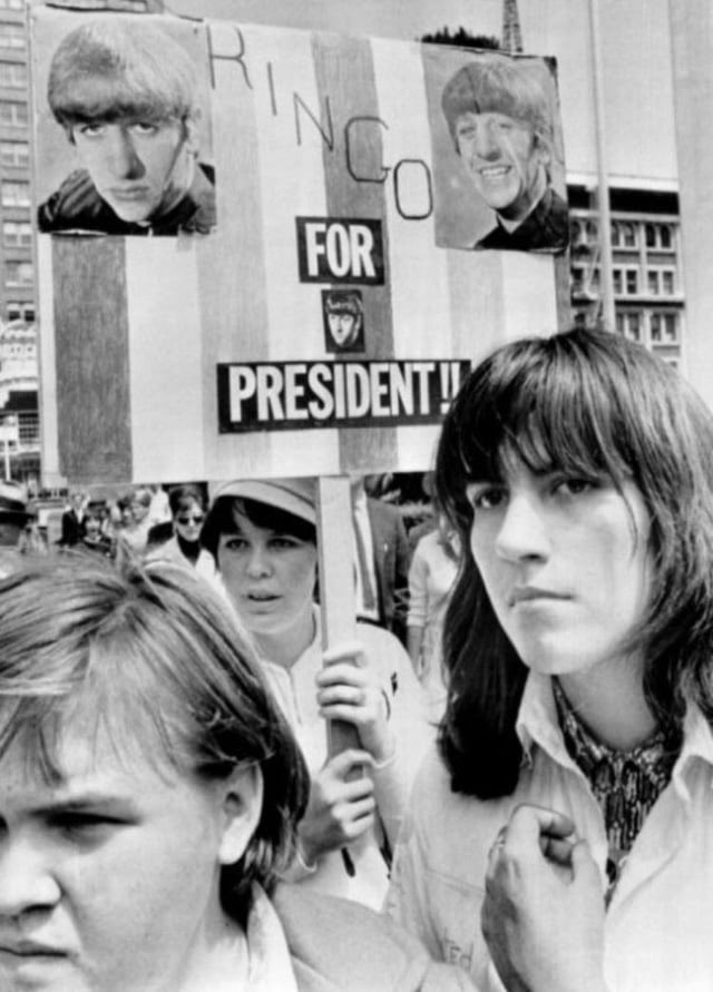 peterlanee's tweet image. Ringo Starr for President 🇺🇸 Beatles fans outside of the Republican National Convention in San Francisco, 1964