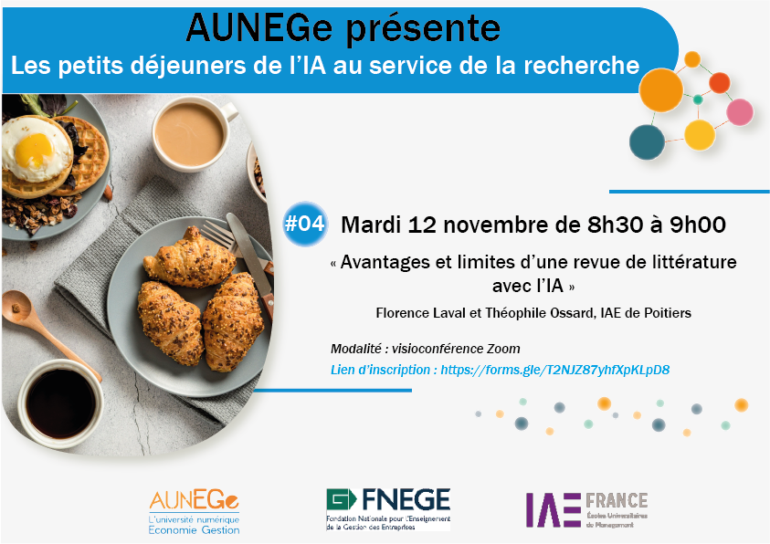 🥐12/11 à 8h30, 4e petit-déj de l'#IA organisé par @AUNEGE @actufnege &amp; <a href="/IAEFRANCE/">IAE FRANCE</a>

🔎 "𝘈𝘷𝘢𝘯𝘵𝘢𝘨𝘦𝘴 𝘦𝘵 𝘭𝘪𝘮𝘪𝘵𝘦𝘴 𝘥'𝘶𝘯𝘦 𝘳𝘦𝘷𝘶𝘦 𝘥𝘦 𝘭𝘪𝘵𝘵𝘦́𝘳𝘢𝘵𝘶𝘳𝘦"

🎙 Florence LAVAL et Théophile OSSARD, @iaepoitiers

➡Inscriptions: forms.gle/T2NJZ87yhfXpKL…