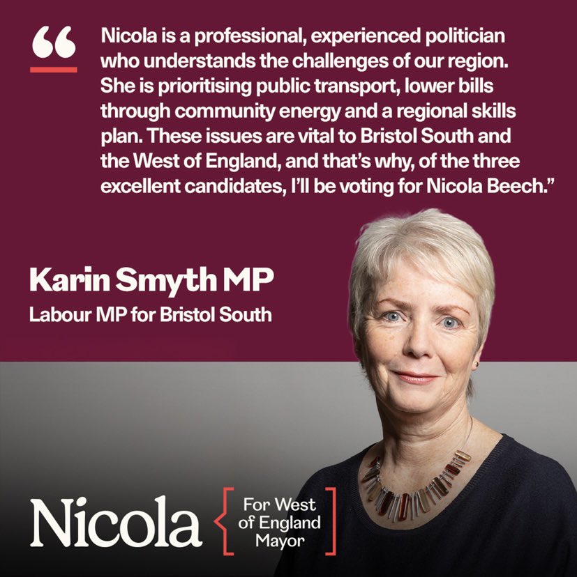 Thrilled to have <a href="/karinsmyth/">Karin Smyth</a> support! 🌟 Karin understands the role that better transport &amp; skills development play in creating a healthier West of England. Together, we’ll work toward a brighter future physically, socially, and economically. 🚍💡❤️ #TeamNicola #WECA 🌹