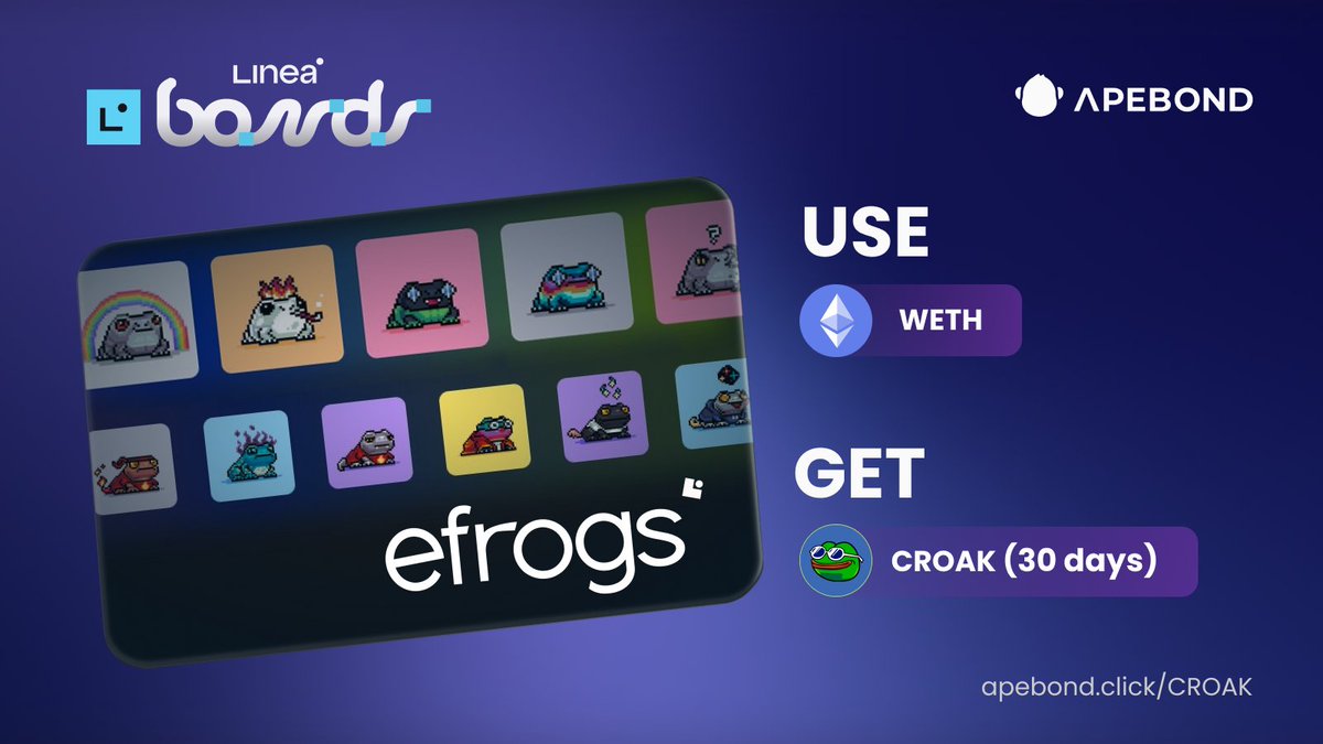 ApeBond's tweet photo. Round 2⃣ of @CROAK_on_linea Bonds! 🤝✨

🐸 $CROAK is the heartbeat of the @efrogs_on_linea community. Embrace the croak, and ride the wave with the cutest frog army on Linea!

Buy now because life’s just better when you croak!
👉 https://t.co/A90SKzFMAV https://t.co/UbmdE0sTFs