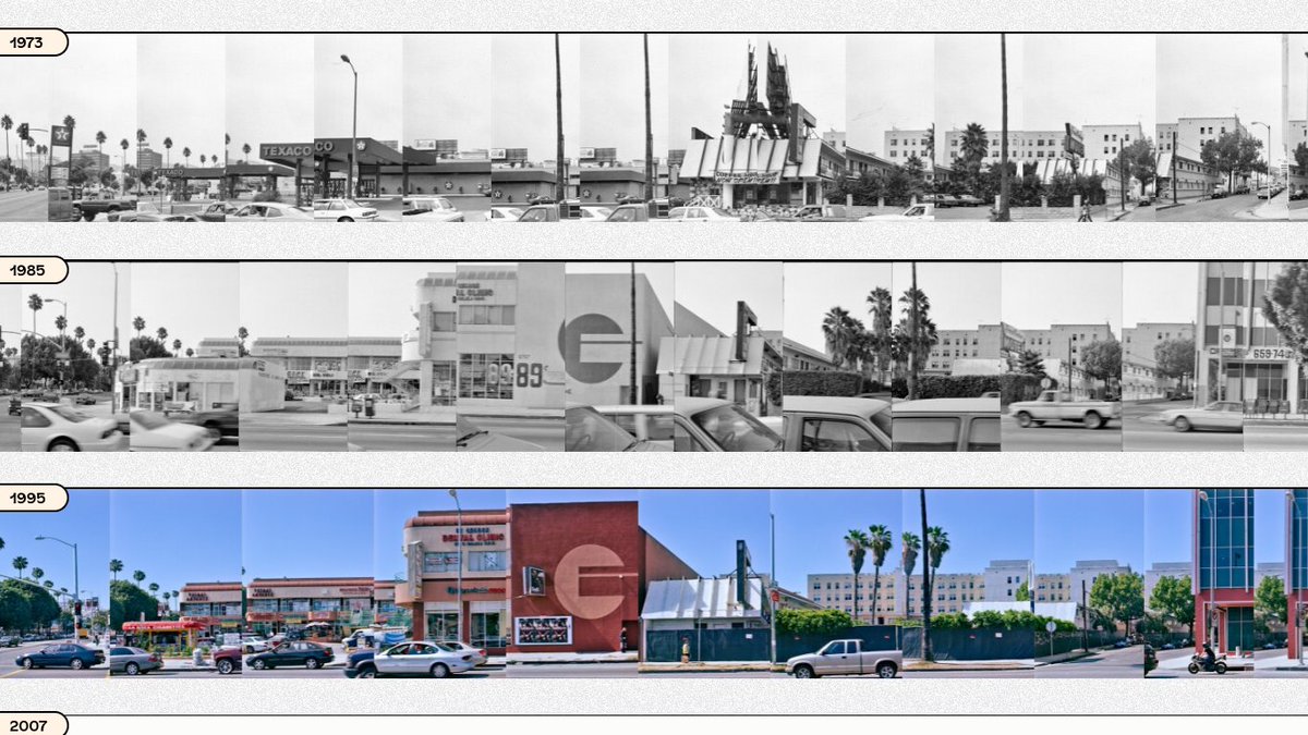 Time Travel with Street View

Ed Ruscha has been taking Street View type photos of Sunset Strip since the 60s.

Sunset over Sunset lets you browse complete historical photostrips of the Strip from each of the last five decades.
googlemapsmania.blogspot.com/2024/11/vintag…