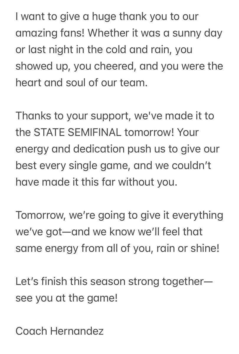 Message from Coach Hernandez: