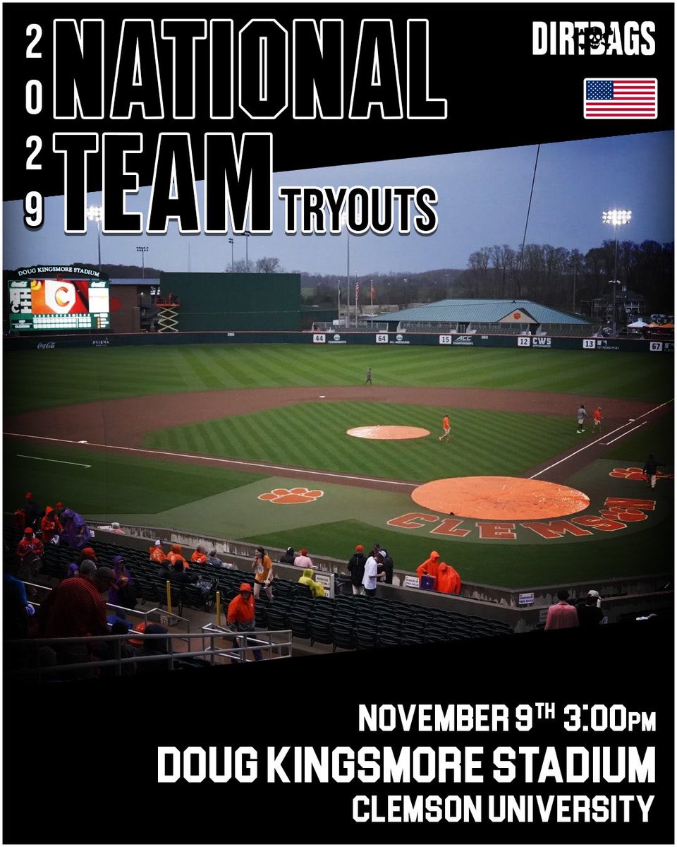 ⚾️ 14U-17U TRYOUTS this Saturday!
🐅 Clemson University 
👀 Details 📲 tinyurl.com/mr2n9ezn 

⚾️ Dirtbags Baseball
EST: 2002
MLB Players: 41
MLB Draft Picks: 300
College Baseball Signees: 1700+