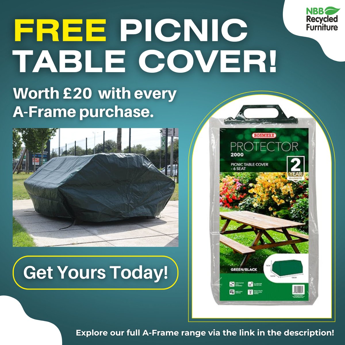 ✨Purchase a selected A-frame Picnic Table; Standard, Activity, Artisan, Heavy Duty, or Wheelchair Access - and get a FREE Reversible A-Frame Picnic Table Cover, worth £20! 🎁 

Shop now ➡️ recycledfurniture.co.uk/Special-Bundle…

#NBBRecycledFurniture #PicnicTables #FreeGift #TableCover #Deals