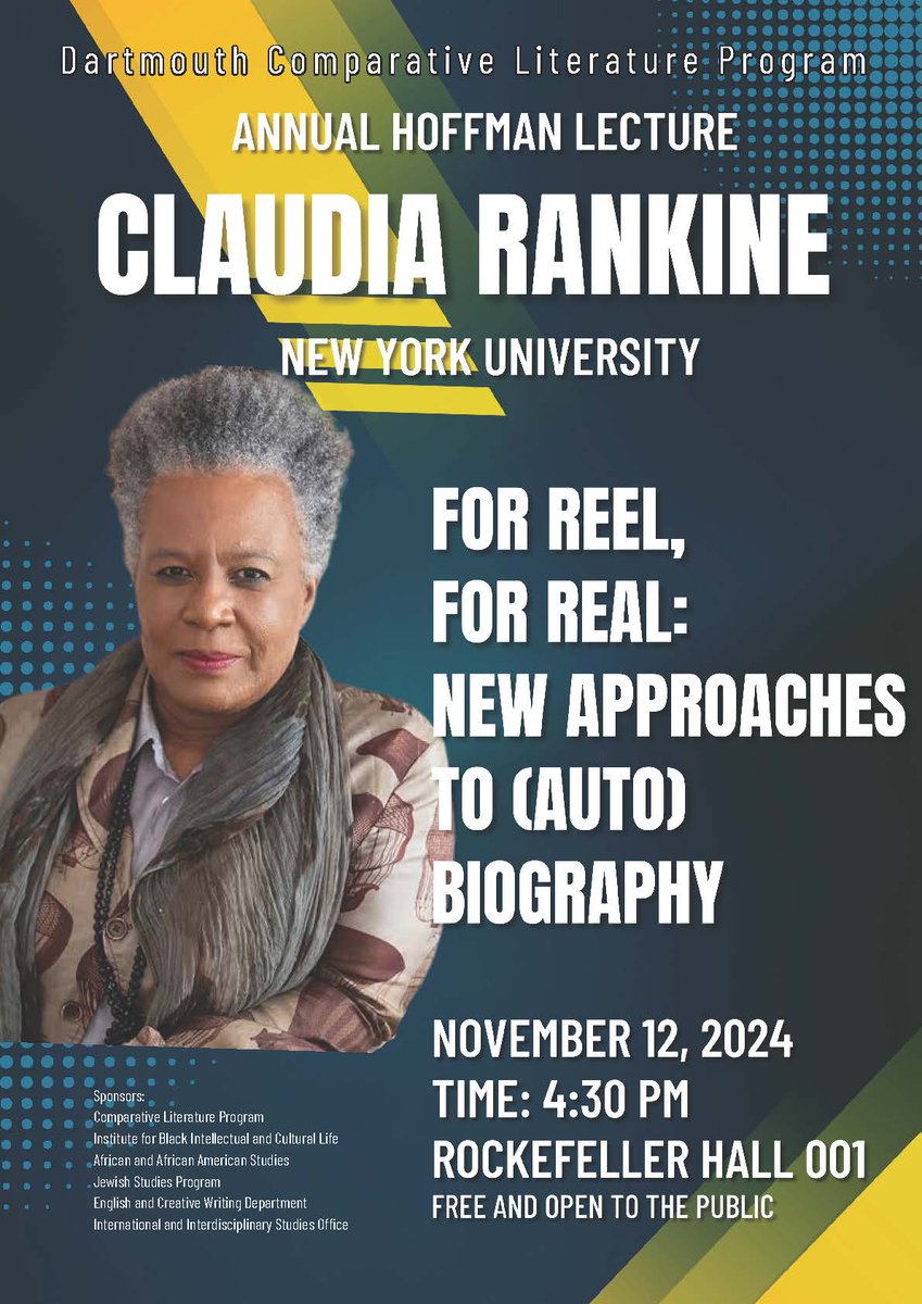 verofu's tweet photo. The Comparative Literature Program at Dartmouth is hosting Claudia Rankine in a week from now. Please come in person or on zoom - https://t.co/uXgHjlSKpk. https://t.co/G2yBUNNV75