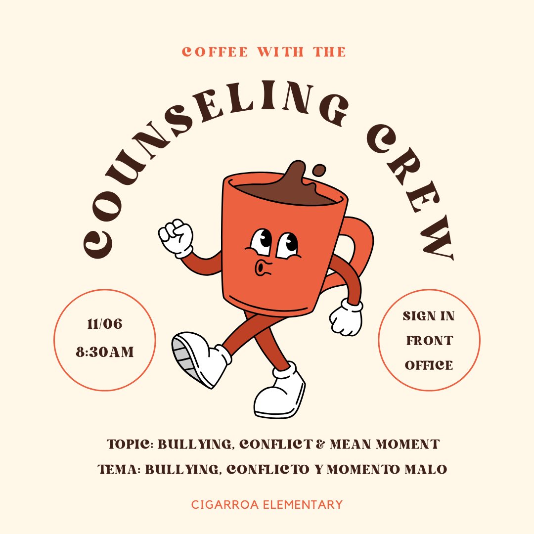 Janizelle Marichal (@ms_marichal) on Twitter photo Tomorrow is coffee with the counseling crew! Topic is all about what bullying is, conflict and a mean moment! Let’s prevent bullying together! Knowledge is power! <a href="/cigarroacowboys/">Leonides Gonzalez Cigarroa Elementary</a> <a href="/CounselingDISD/">Dallas ISD Counseling Services</a> Tomorrow is coffee with the counseling crew! Topic is all about what bullying is, conflict and a mean moment! Let’s prevent bullying together! Knowledge is power! <a href="/cigarroacowboys/">Leonides Gonzalez Cigarroa Elementary</a> <a href="/CounselingDISD/">Dallas ISD Counseling Services</a>