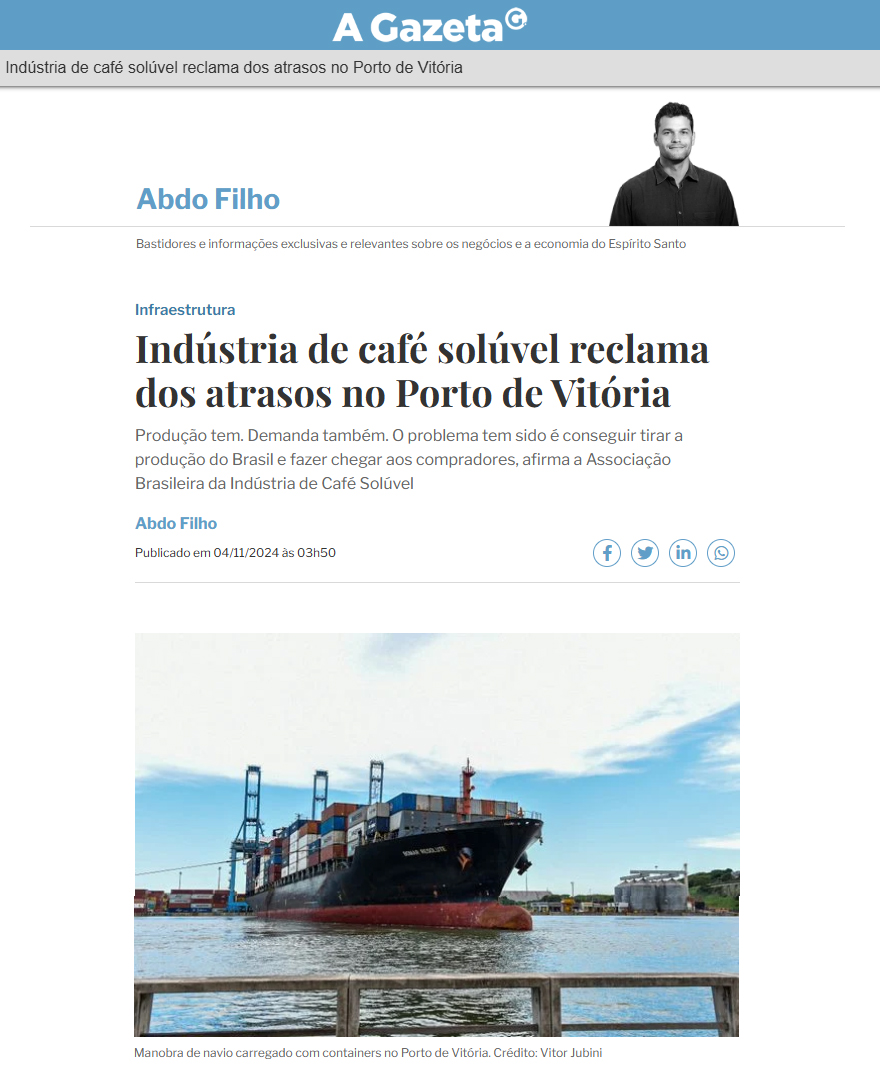 abicsoficial's tweet image. Indústria de café solúvel reclama dos atrasos no Porto de Vitória
— Produção tem. Demanda também. O problema tem sido é conseguir tirar a produção do Brasil e fazer chegar aos compradores, afirma a Abics. Saia mais: agazeta.com.br/colunas/abdo-f….