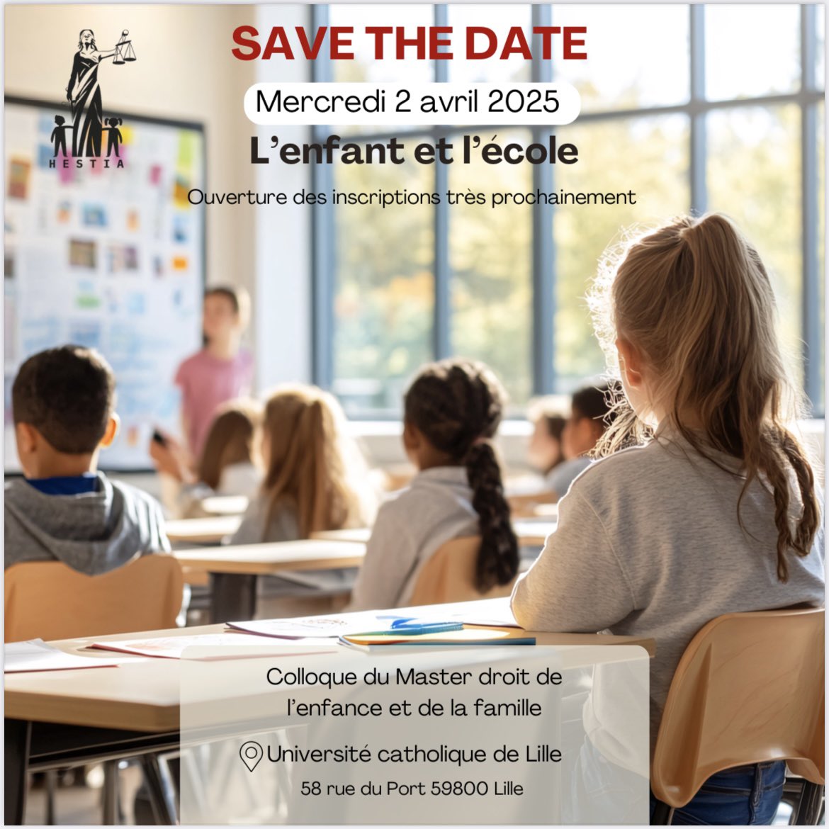 HCatholille's tweet photo. 📢 SAVE THE DATE 

🔜 Colloque : "L'enfant et l'école" 
📅 Mercredi 2 avril 2025
📍 Université Catholique de Lille 58 rue du Port - Lille

Le Master 2 Droit de l’enfance et de la famille de @fld_lille_issy vous invite à son colloque sur L’enfant et l'école.

👉Restez connectés! https://t.co/k2FqF9u0zJ