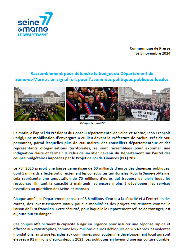 Departement77's tweet photo. #CommuniquédePresse 🗞️Rassemblement pour défendre le budget du Département de Seine-et-Marne : un signal fort pour l’avenir des politiques publiques locales

Ce matin, à l’appel du Président du Conseil Départemental de Seine-et-Marne, @Jf_Parigi, une mobilisation d’envergure a eu lieu devant la Préfecture de @VilleMelun.

Près de 500 personnes, parmi lesquelles plus de 200 maires, des conseillers départementaux et des représentants d’organisations territoriales, se sont rassemblées pour exprimer une indignation claire et ferme : le refus de sacrifier l’avenir du Département sur l’autel des coupes budgétaires imposées par le Projet de Loi de Finances (PLF) 2025.

➕En savoir plus sur 👉https://t.co/C2GZ7j8Num

#NosDépartementsEnDanger #Budget2025 #Gouvernement #Finances #PLF2025 #SeineEtMarne