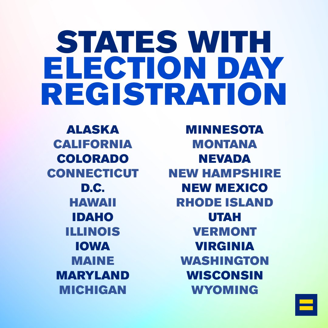 If you live in one of these states and forgot to register to vote, YOU CAN STILL VOTE! 

These states offer in-person, same-day voter registration. Learn how to register in your state: rockthevote.org/how-to-vote/sa…