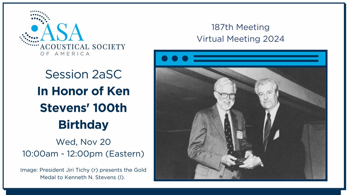 #ASA187 will have a virtual session In Honor of Ken Stevens' 100th Birthday! Register now to attend and learn more about ASA Gold Medal Recipient Ken Stevens: acousticalsociety.org/asa-virtual-fa…