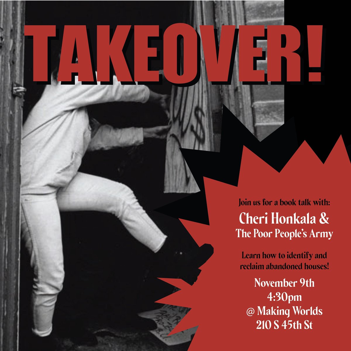 Coming up this week: Takeover! A Human Rights Approach to Housing: Book Talk with Cheri Honkala from Poor People's Army

Saturday, November 9, 2024 | 4:30 PM  6:00 PM. Advance registration appreciated. Link in bio.