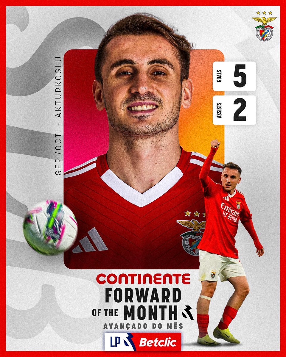 O 🏆 de 𝐂𝐨𝐧𝐭𝐢𝐧𝐞𝐧𝐭𝐞 𝐀𝐯𝐚𝐧𝐜̧𝐚𝐝𝐨 𝐝𝐨 𝐌𝐞̂𝐬 está repleto de magia 🪄

Chegou a 🇵🇹 , encantou os treinadores e a distinção relativa a setembro/outubro é para o 𝐅𝐞𝐢𝐭𝐢𝐜𝐞𝐢𝐫𝐨 🇹🇷 <a href="/keremakturkoglu/">Kerem Aktürkoğlu</a> ✨

#LigaPortugal #LigaPortugalBetclic #SLB