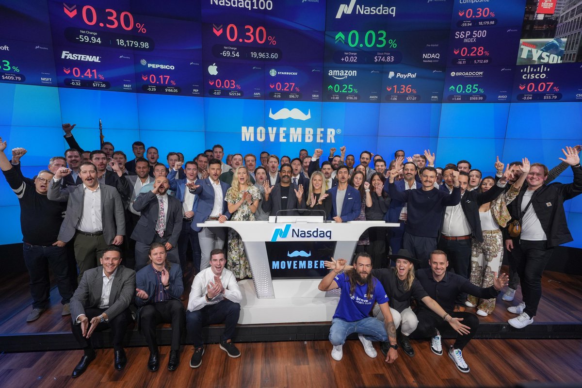 NasdaqExchange's tweet photo. 👨🏽 Let’s get mo’ving.

🔔 @Movember encourages awareness of men’s mental health issues—and we’re thrilled to welcome them to ring the @NasdaqExchange Opening Bell for the eighth year running.

👊 Get involved by growing a mustache for charity, or taking on a physical challenge! https://t.co/HyUs5NM8bu