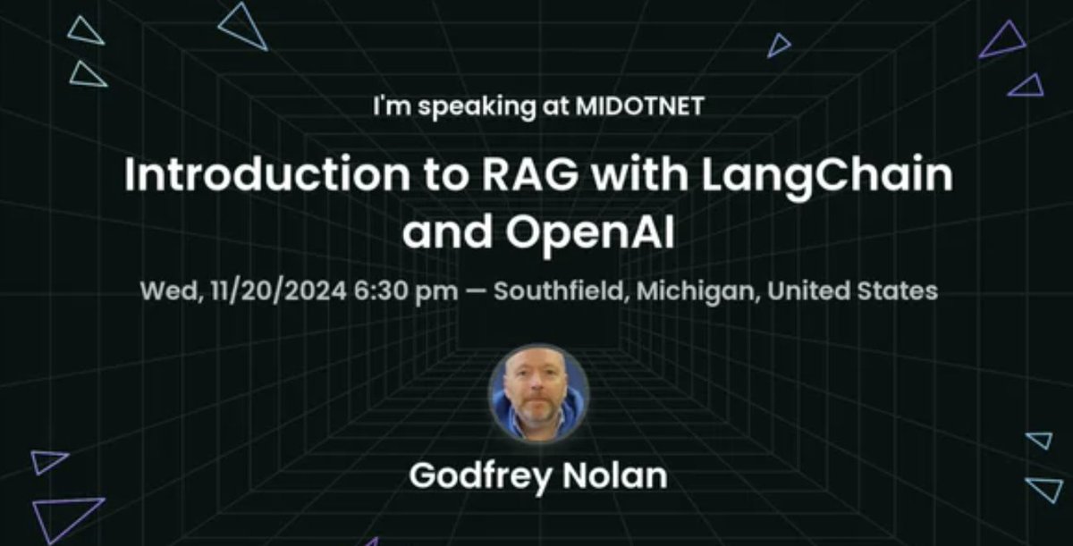 Join RIIS President Godfrey Nolan at MIDOTNET which is coming soon. He'll be giving an introduction to Retrieval-Augmented Generation (RAG) with LangChain and OpenAI. Learn the basics and benefits of RAG and LangChain on Wednesday, November 20. ow.ly/fB8A50TZulm