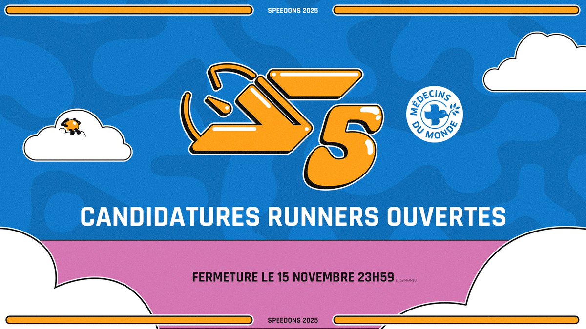 Il est l'heure !

Les candidatures pour les runs de #SpeeDons sont désormais ouvertes.

Vous avez jusqu'au 15 novembre 23h59 pour soumettre votre run. Bonne chance à tous·tes !

oengus.io/marathon/speed…