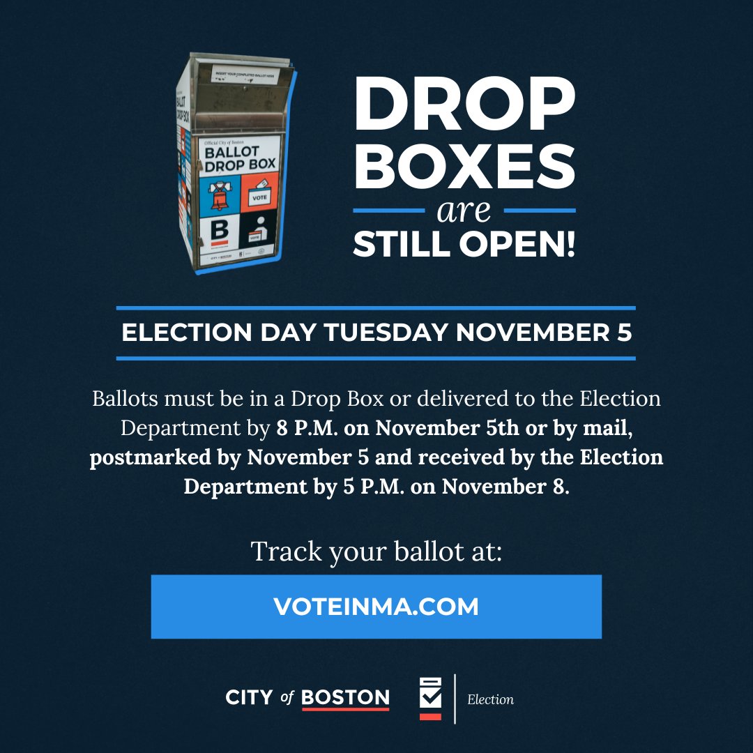 All Drop Boxes are open and available to return your vote by mail ballots for the November 5, State Election. You must deposit your ballot in a ballot drop box by 8 p.m. tonight. To see drop box locations visit: Boston.gov/vote-by-mail