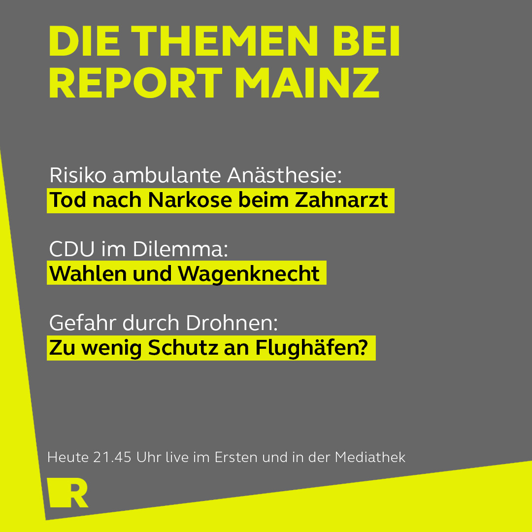 Eine Vierjährige stirbt in einer Zahnarztpraxis. Der Narkosearzt soll unter anderem dafür zehneinhalb Jahre ins Gefängnis. Welche Risiken gibt es bei ambulanten Anästhesien? Heute Abend, REPORT Mainz, 21.45 Uhr live in <a href="/DasErste/">Das Erste</a> und in der #ARDMediathek.