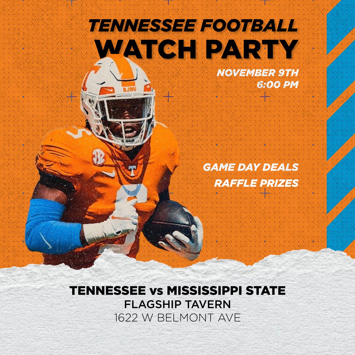 Tennessee vs Mississippi State watch party at Flagship Tavern (Lakeview) at 6:00 PM CST this Saturday, November 9th! Come out and support the Vols for Homecoming at the only official watch party in Chicago!!