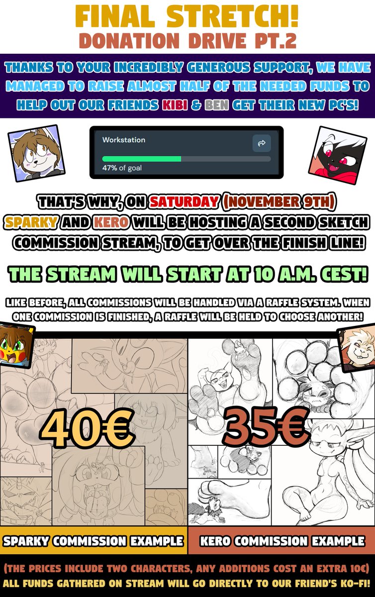 it's happening again, this time I'm teaming up with Kero this Saturday. We're not far from the goal to help Kibi and Ben get their new PCs and of course, if you just want to help you can also just donate here: ko-fi.com/kibibyte

see ya on Saturday!