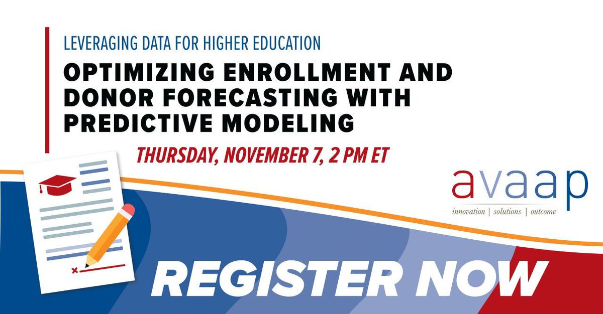 avaap_usa's tweet image. Happening Thursday: Unlock the power of data in higher education. Join Avaap data &amp;amp; analytics experts as they demo machine learning models that can transform your institution’s approach to student enrollment and resource management. hubs.la/Q02WZrsy0

#datawebinar #alteryx