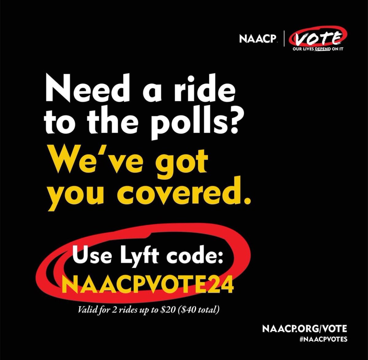 Today is Election Day! The decisions we make will shape our future. Your vote is a powerful tool for change. Make a plan, confirm your polling location, and remember, you can report issues at 1-866-OUR-VOTE. Need a ride? Use code NAACPVOTE24 for up to $40 off Lyft. #ElectionDay
