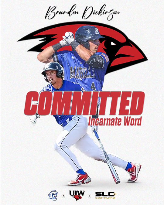 Brandon Dickinson (@brandondickyy) on Twitter photo I’m exited to announce my commitment to The University Of Incarnate Word. I am very thankful for everyone who has helped me get to this point in my life… GO CARDS❤️🤍
<a href="/UIWBaseball/">UIW Baseball</a>
<a href="/ACBaseball806/">Amarillo College Baseball</a>
#TheWord I’m exited to announce my commitment to The University Of Incarnate Word. I am very thankful for everyone who has helped me get to this point in my life… GO CARDS❤️🤍
<a href="/UIWBaseball/">UIW Baseball</a>
<a href="/ACBaseball806/">Amarillo College Baseball</a>
#TheWord