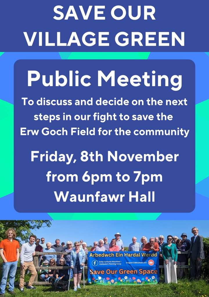 Following the recent decision by Ceredigion County Councillors to reject our Village Green Application, we are holding a public meeting on Friday, 8th November at 6pm in the Waunfawr Hall. The meeting will be an opportunity to discuss and decide on the next steps. 👇👇