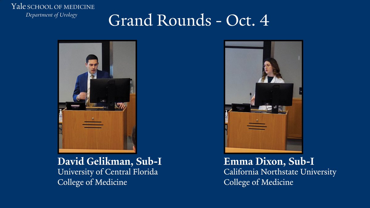 Catch some of our recent Sub-I's, Emma Dixon and David Gelikman [<a href="/davidgelikman/">David Gelikman, MD</a>], who presented at #GrandRounds. 

Thank you for sharing your research 👏

View their full lectures➡️medicine.yale.edu/urology/educat… 

<a href="/YaleMed/">Yale School of Medicine</a>|<a href="/UCFMed/">UCF College of Medicine</a>|<a href="/CNU_Med/">California Northstate University COM</a> | @MichellejHixson| <a href="/AngelaArlen/">Angela Arlen</a>|<a href="/MCLennonMD/">Marianne Casilla-Lennon</a>