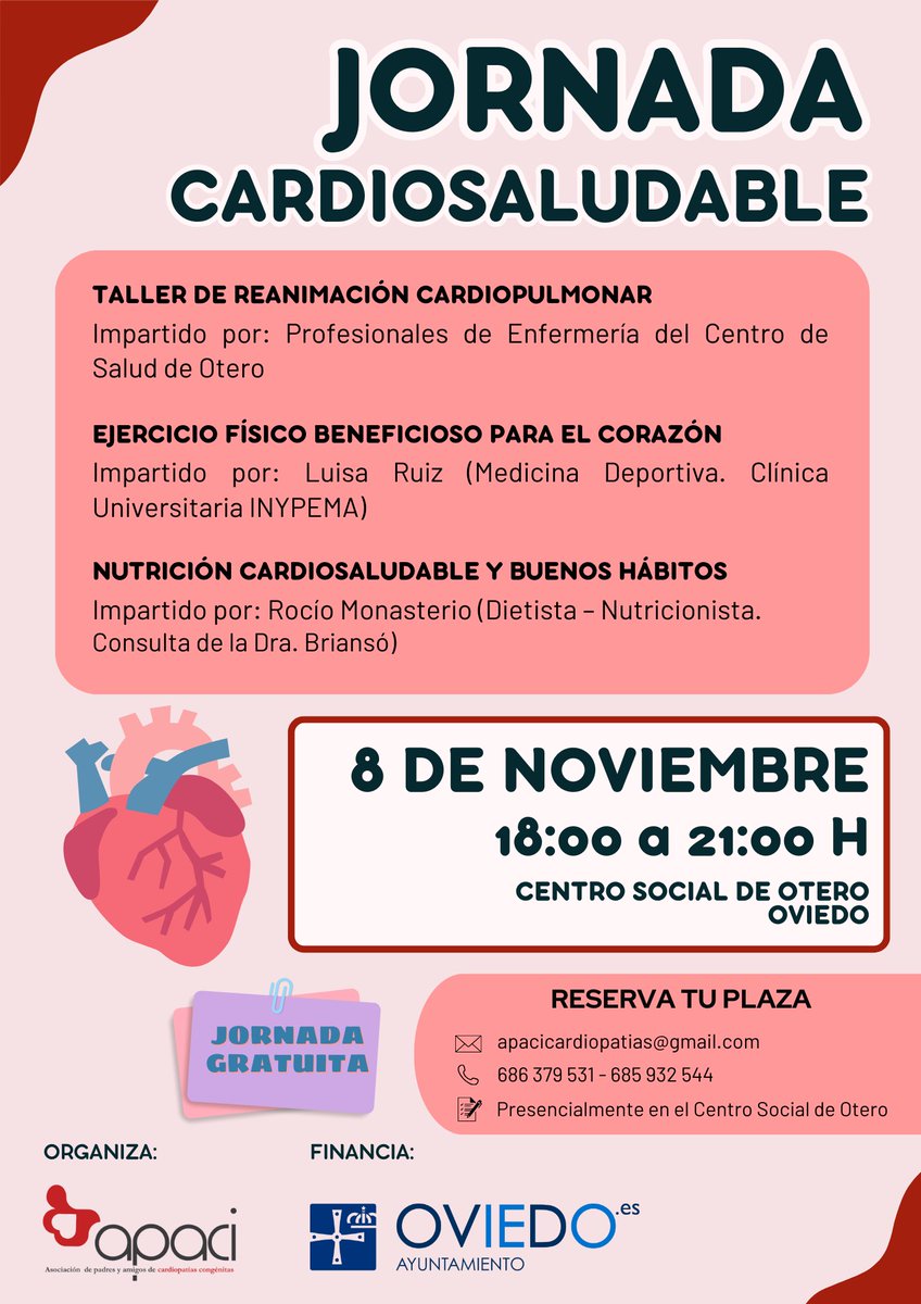 Aptaa_Asturias's tweet photo. @APACIcardio  – Jornada Cardiosaludable

La Asociación de padres y amigos de cardiopatías congénitas APACI, organiza el próximo día 8 de noviembre una Jornada Cariosaludable, en el Centro Social de Otero en Oviedo, de 18 a 21h. https://t.co/l7l7dQZgEG