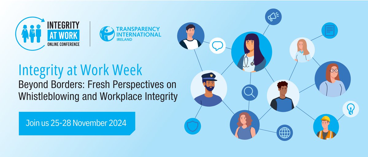 WIN (@whistleblowing) on Twitter photo 🗓️Integrity at Work Week 2024: Beyond Borders: Fresh Perspectives on Whistleblowing and Workplace Integrity (25-28 November)
Book now, link below. <a href="/Transparency_ie/">Transparency International Ireland</a>
bit.ly/3CokpKS
#IAWConference, #whistleblowers, #integrity, #ethics, #IntegrityatWork 🗓️Integrity at Work Week 2024: Beyond Borders: Fresh Perspectives on Whistleblowing and Workplace Integrity (25-28 November)
Book now, link below. <a href="/Transparency_ie/">Transparency International Ireland</a>
bit.ly/3CokpKS
#IAWConference, #whistleblowers, #integrity, #ethics, #IntegrityatWork