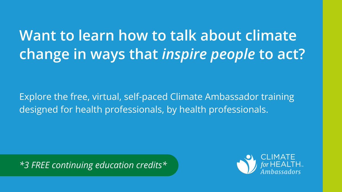 Kickstart Your Climate Leadership as a Health Professional! 🩺 Dive into our FREE Climate Ambassador Training — your pathway to becoming a climate action leader. Learn at your own pace and earn 3 CE credits. Start your journey! 🌱 #ClimateAction buff.ly/3N4dcQT