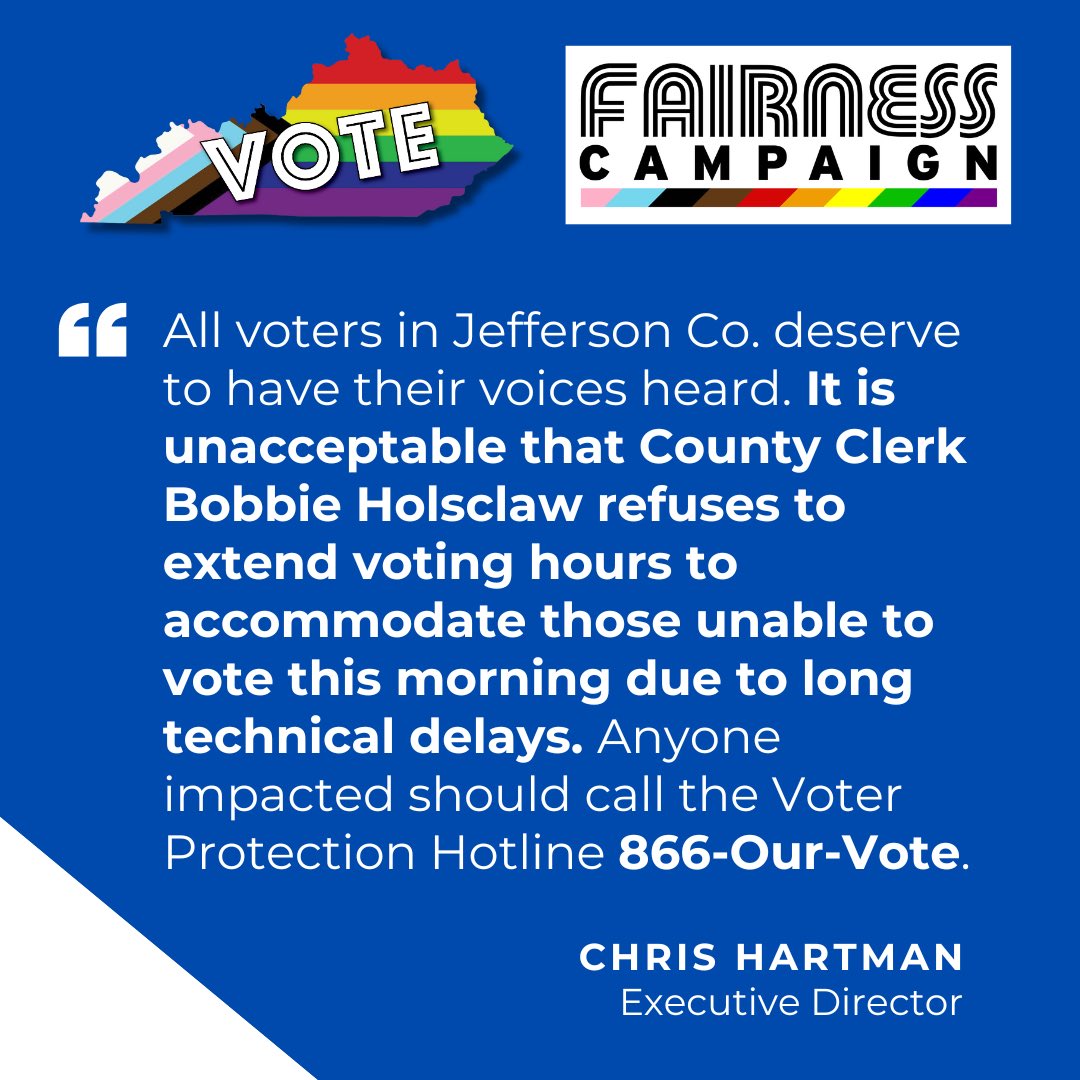 We call on Jefferson County Clerk Bobbie Holsclaw to immediately extend voting hours to allow ALL voters’ voices to be heard! After many Jeff. Co. polling places experienced long technical delays this morning, Clerk Holsclaw refused to extend voting hours. Unacceptable.