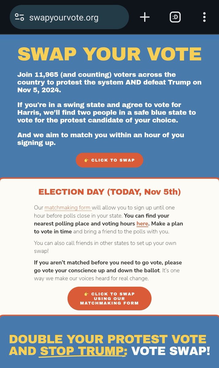 SDL (@socdoneleft) on Twitter photo Elon Musk has suspended the "<a href="/SwapYourVote/">SwapYourVote</a>" account.
SwapYourVote links 1 swing state protest voter with 2 safe state Dems.
This boosts Dem votes in purple states and leftist votes in blue states.
Elon hates that, because vote swapping can stop a Trump win. Sign up today! Elon Musk has suspended the "<a href="/SwapYourVote/">SwapYourVote</a>" account.
SwapYourVote links 1 swing state protest voter with 2 safe state Dems.
This boosts Dem votes in purple states and leftist votes in blue states.
Elon hates that, because vote swapping can stop a Trump win. Sign up today!