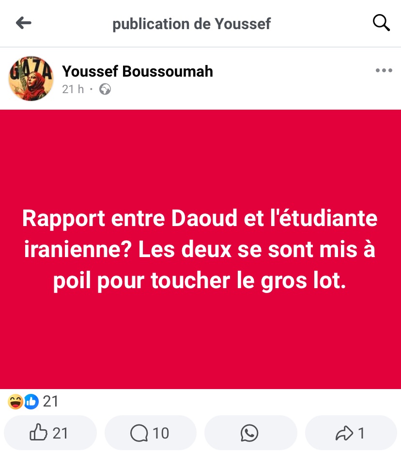 KimSchvartz's tweet photo. « Rapport entre Daoud et l’étudiante iranienne ? Les deux se sont mis à poil pour toucher le gros lot ».

Youssef Boussoumah, soutien invétéré du régime iranien et pilier de @ParolesDHonneur / QG décolonial est en roue libre totale.

Franchement j’ai même plus les mots. https://t.co/UqSE30WMAS