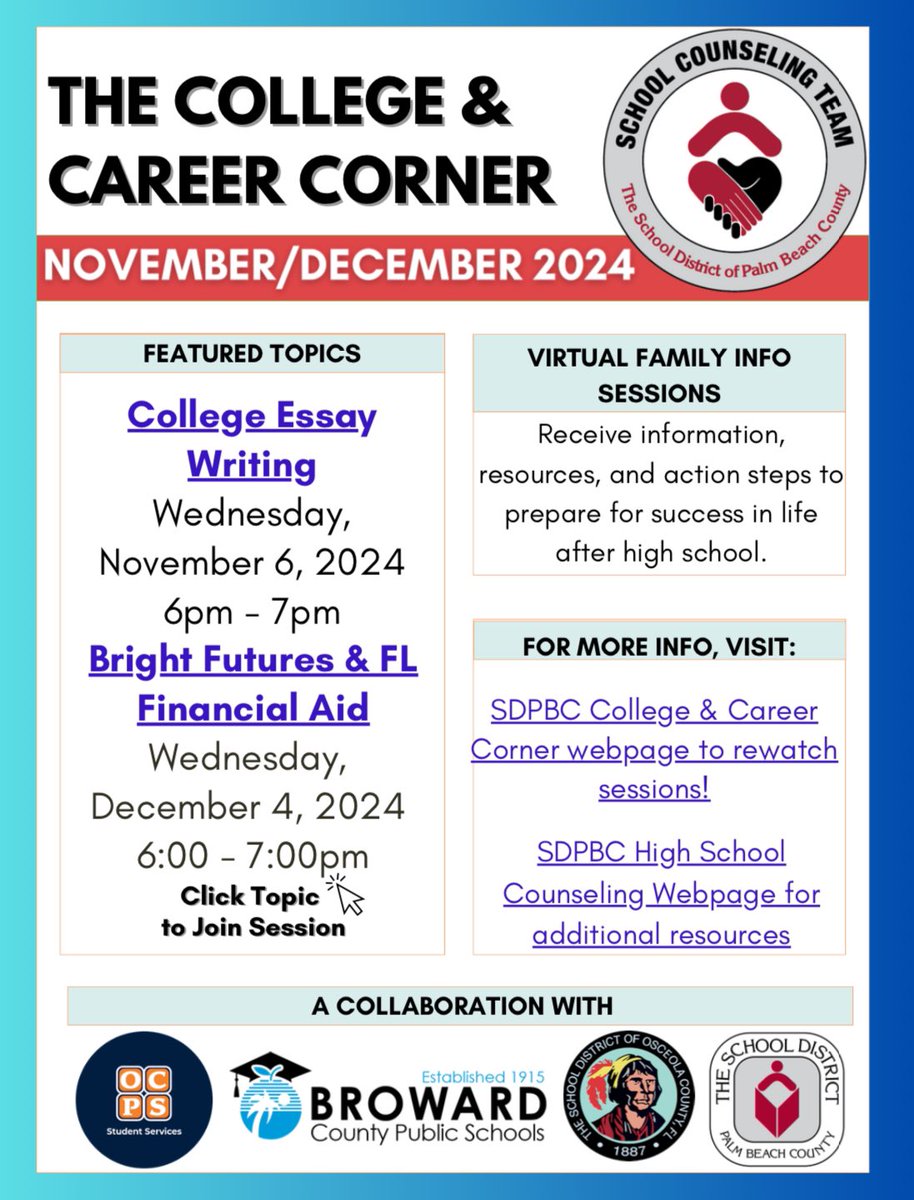 The PBCSD School Counseling Team is offering the following virtual parent info sessions in November &amp; December. Links to join are in our bio:
- Wed, Nov. 6th at 6pm: College Essay Writing
- Wed, Dec. 4th at 6pm: Bright Futures &amp; Financial Aid
#WeAreDwyer #CollegeReady