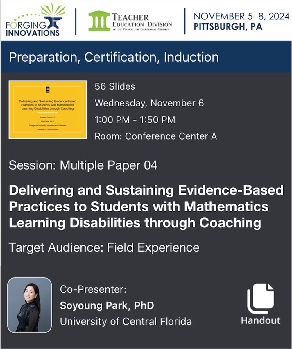 🌟 Excited to be in Pittsburgh for #TED2024! 
Interested in coaching for mathematics? Please join us tomorrow from 1:00 to 1:50 pm in Room Conference Center A!
<a href="/TED_CEC/">Teacher Education Division</a> <a href="/CECMembership/">Council for Exceptional Children</a>