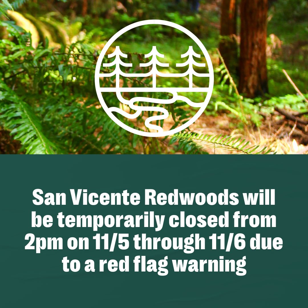 LandTrustSantaCruz (@landtrustscc) on Twitter photo San Vicente Redwoods will be closed starting Tuesday 11/5 at 2pm through Wednesday 11/6 due to a red flag warning in place. Winds are forecasted to reach 25mph at San Vicente Redwoods, with wind gusts of 55mph. San Vicente Redwoods will be closed starting Tuesday 11/5 at 2pm through Wednesday 11/6 due to a red flag warning in place. Winds are forecasted to reach 25mph at San Vicente Redwoods, with wind gusts of 55mph.