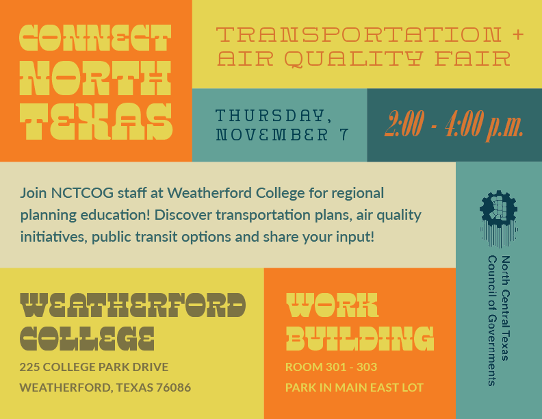 HCCAC2012's tweet photo. JOIN NCTCOG Staff at Weatherford College this Thursday (Nov 7) at 2 p.m. for Regional Planning education and learn about transportation pans and Air Quality Initiatives, among other important topics.
@NCTCOGenv https://t.co/KjzJ35FN2O