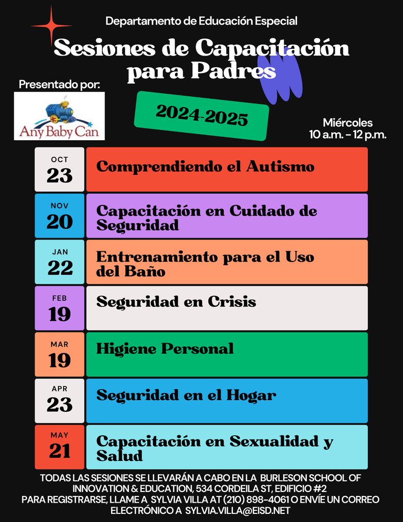 Parents! Mark your calendars for the upcoming Special Education Department training opportunities. All sessions are held at Burleson School for Innovation and Education. 
Reach out to Sylvia Villa at (210) 898-4061 with any questions.